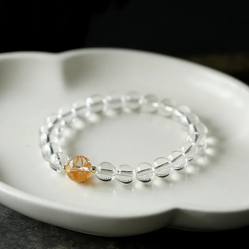 Geometry bracelet with obsidian and white crystal beads, dragon charm, adjustable 14-16cm wrist