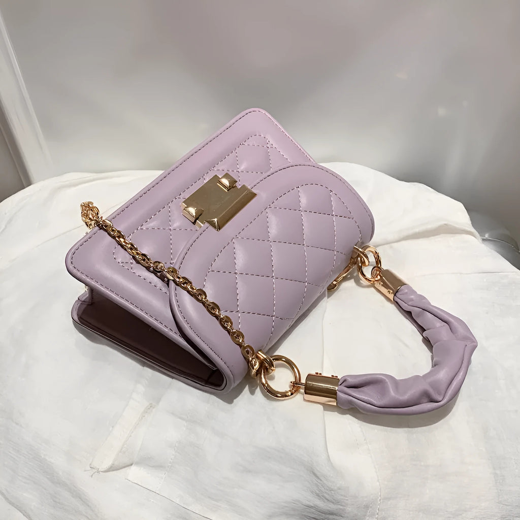 Small square purple shoulder bag with chain messenger strap showing dimensions