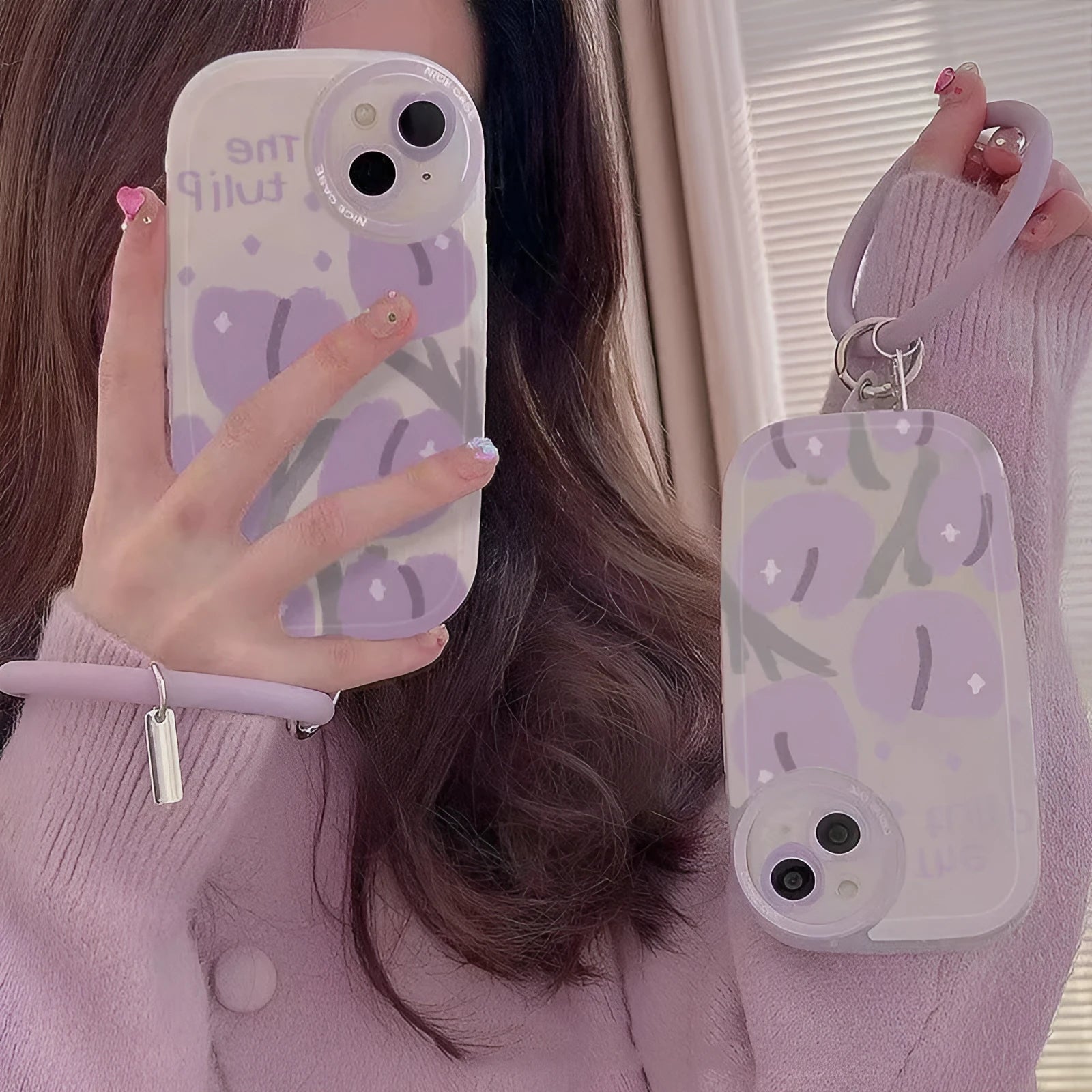 Purple tulip transparent TPU phone case with matching wrist strap for Apple iPhone