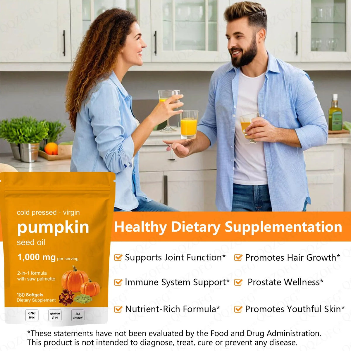 Pumpkin seed oil softgels with saw palmetto, 180 count bottle, oval 2 cm softgels, 60 servings