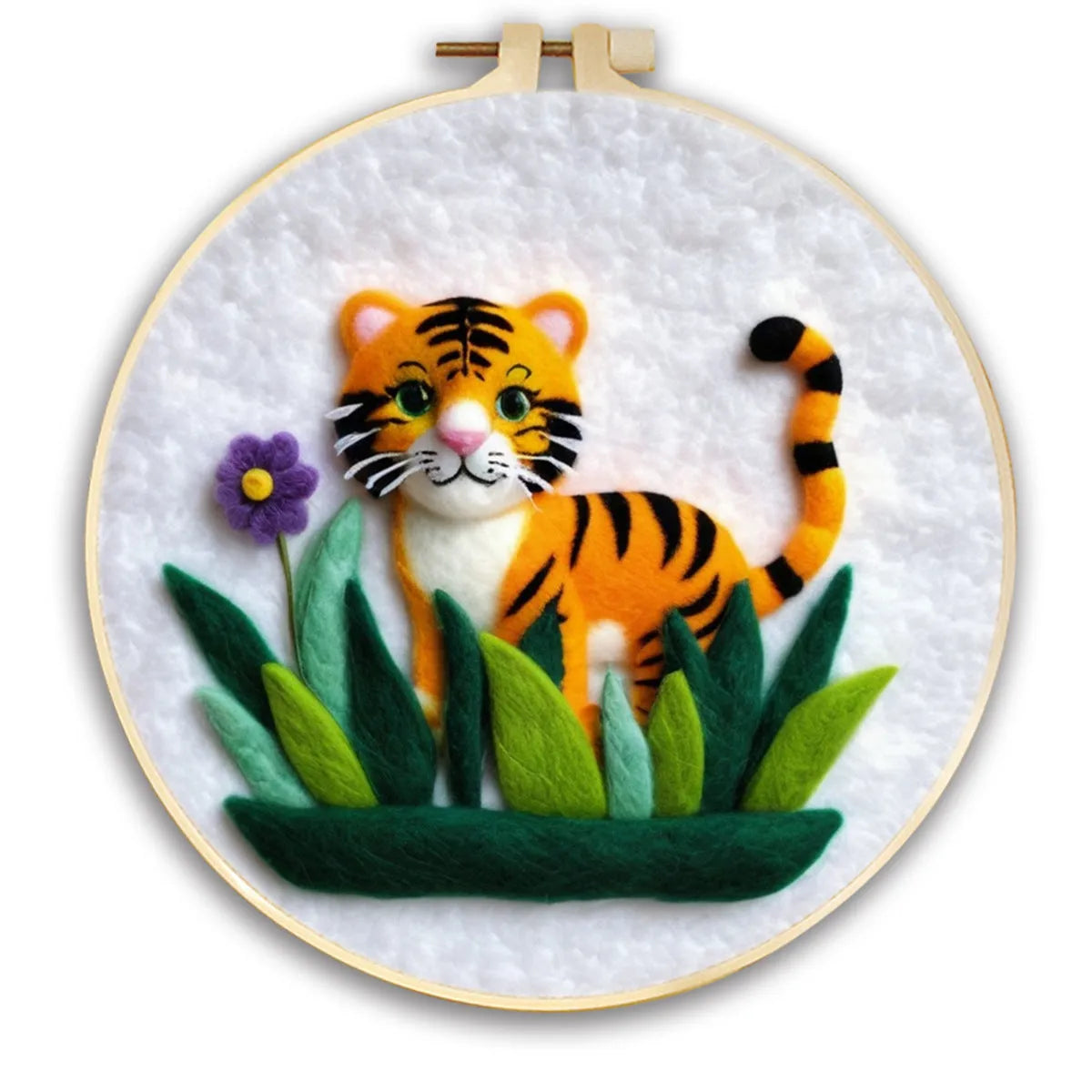 Round linen embroidery frame with wool felt floral decoration kit for three-dimensional wall art