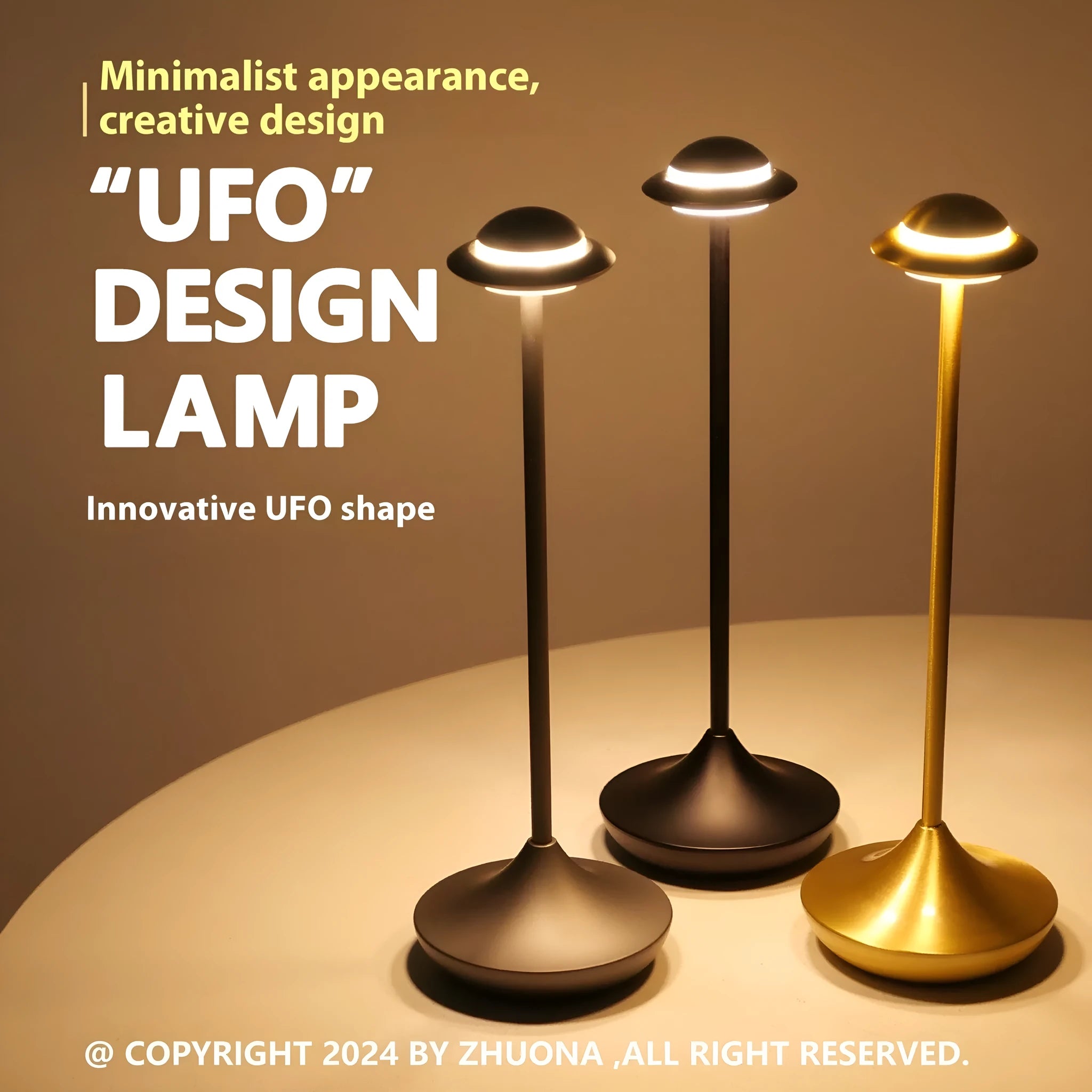 Modern UFO-shaped metal table lamp in black on a wooden desk, showing cord-free design.