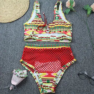 Women's checkered multicolour bikini set with cross-strap fishnet top and high-waist briefs.