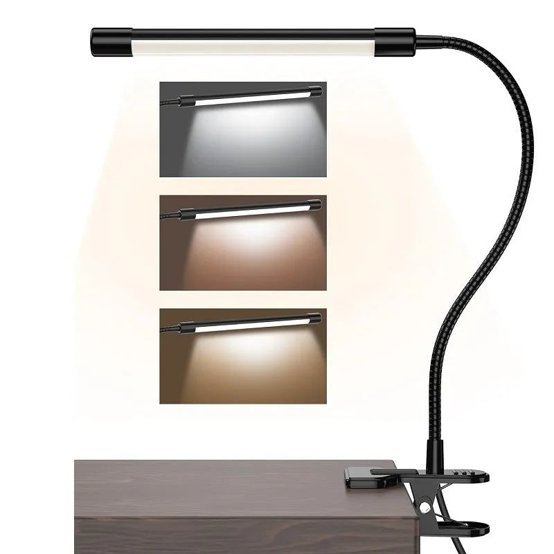 Black or white LED desk lamp with 26 cm length and USB power cable for student study.