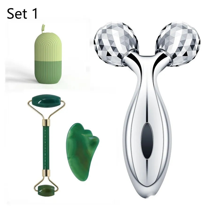 Silver body roller with ABS resin handle and stainless steel roller on white background, 135g manual massager
