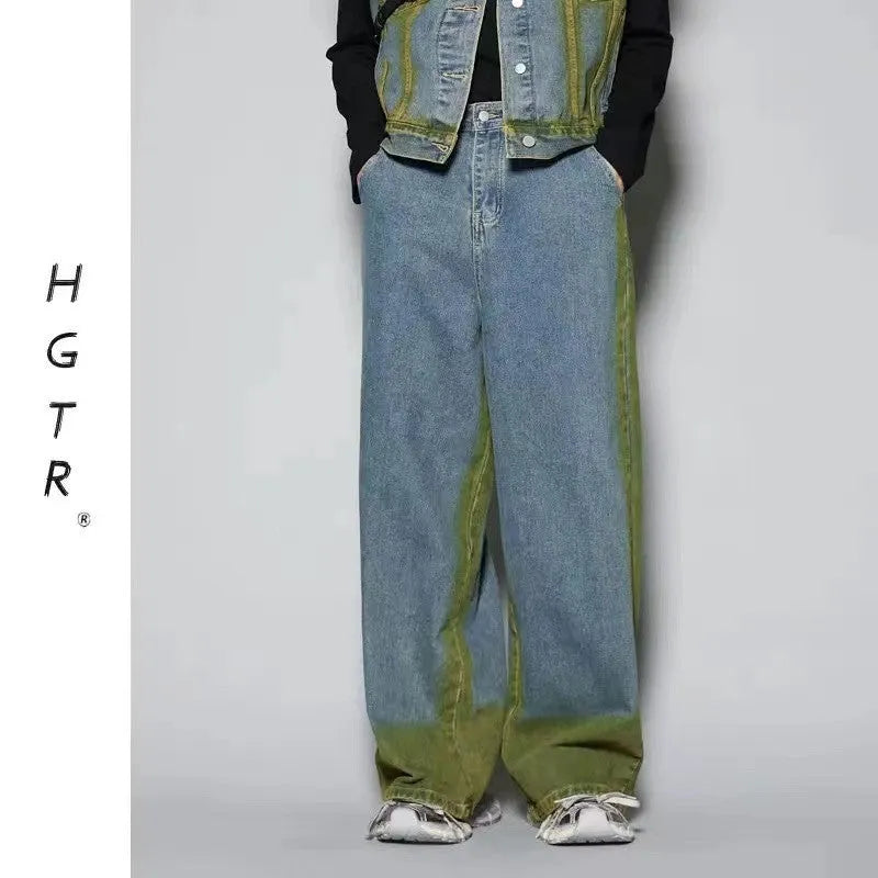 Distressed blue vest and jeans two-piece suit with spray colour gradient and fleece lining