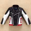 Boys thickened leather jacket in Korean style with stand collar, available in black, red, and white, for older children.