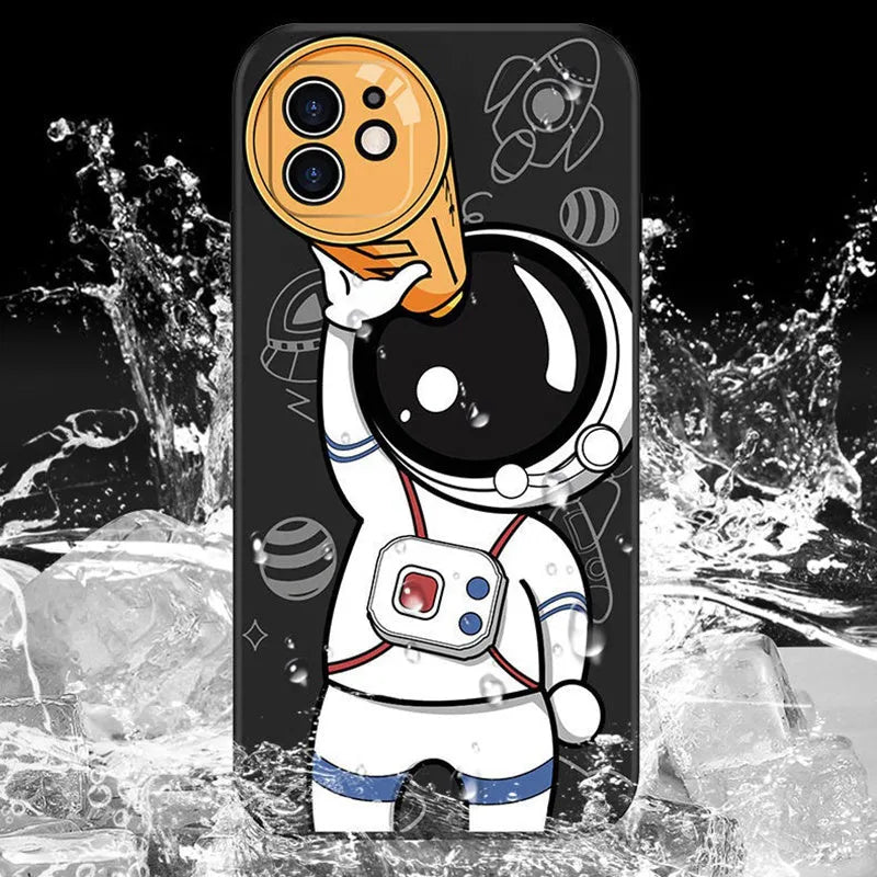Silicone iPhone case with cartoon astronaut and planet design in black, khaki, or sea blue.