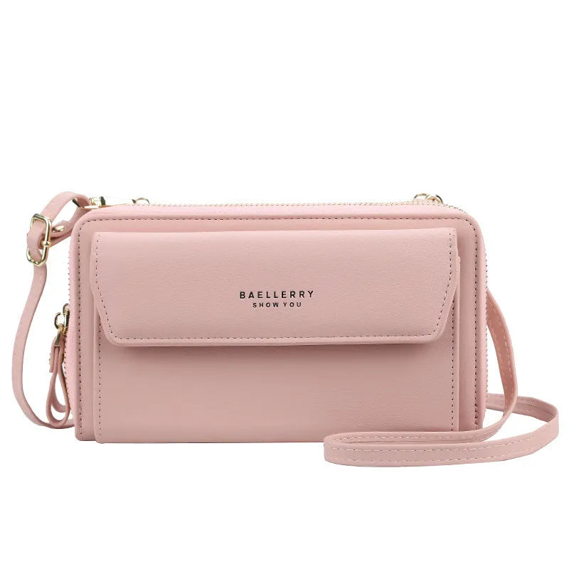 Red soft PU leather ladies long wallet with double zipper shown as diagonal messenger bag