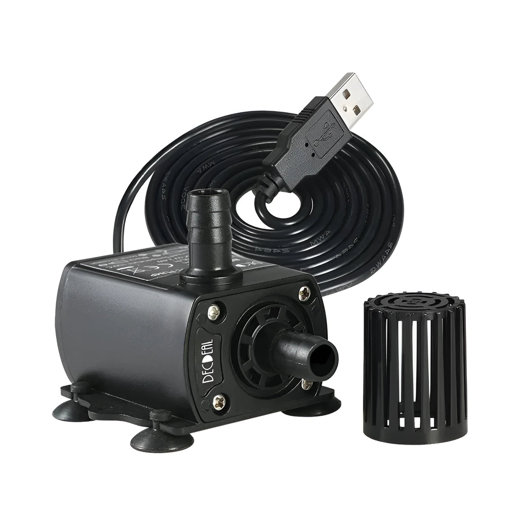 Micro brushless DC submersible pump in black with USB cable, 8mm inlet and outlet, and rubber suction cups