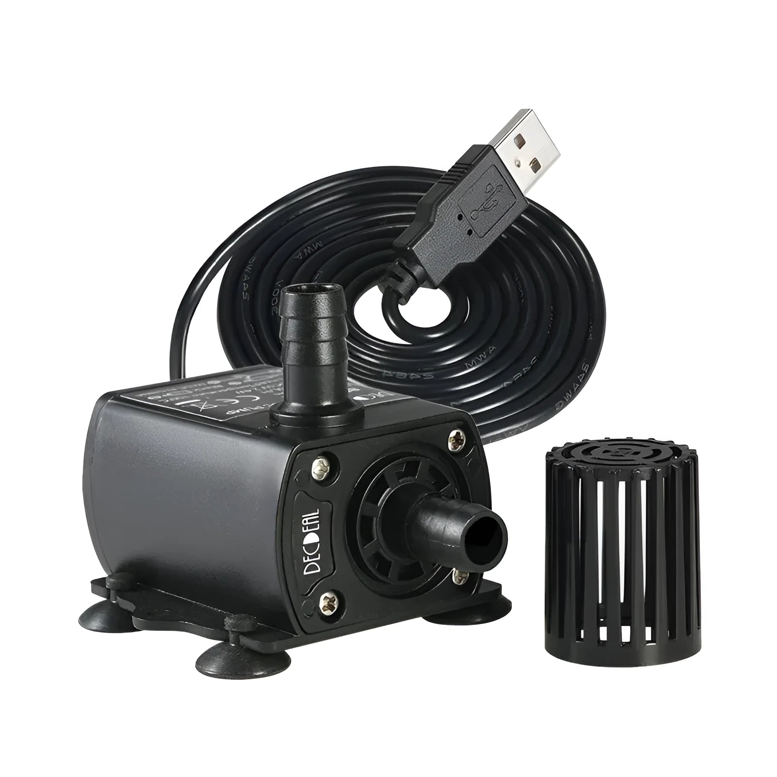 Micro brushless DC submersible pump in black with USB cable, 8mm inlet and outlet, and rubber suction cups