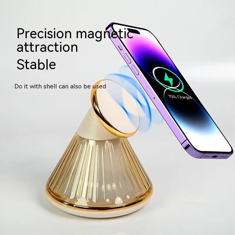 Night table lamp with magnetic wireless charging seat showing champagne gold finish and adjustable lighting