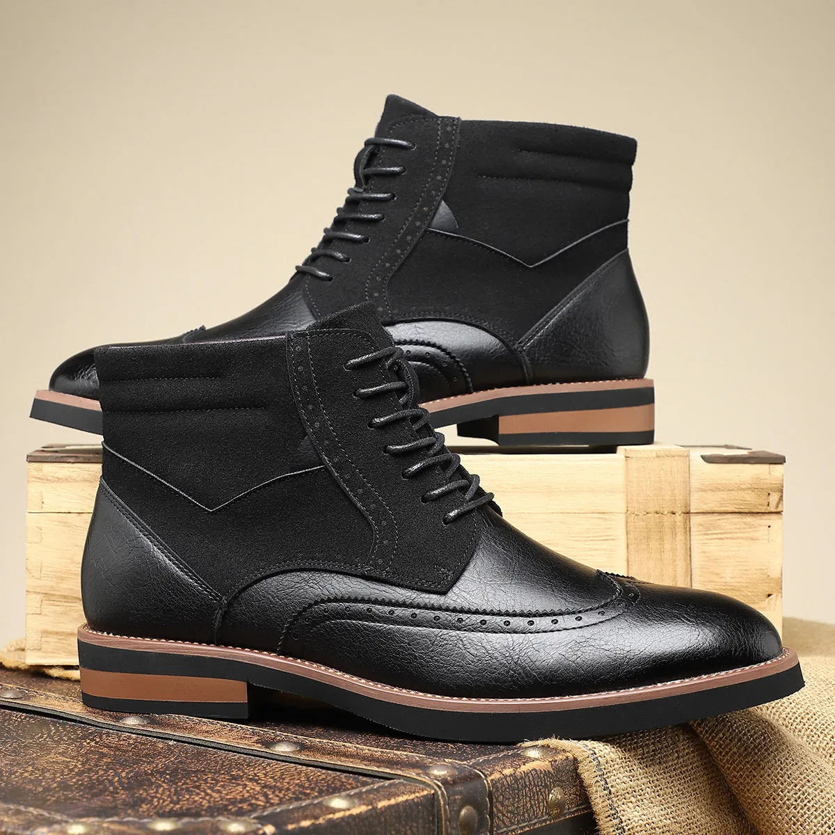 Men's retro Martin boots with carved leather patchwork, block heel, pointed toe, in brown colour