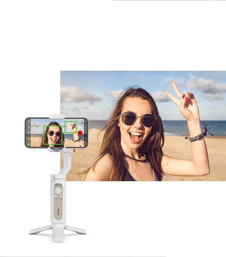 Black or white 3-axis phone stabiliser shown folded to its compact size.