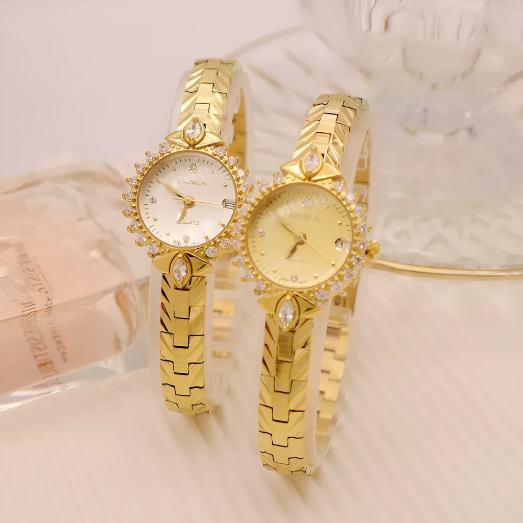 Women's vintage quartz watch with diamond-embossed bracelet in gold or golden white finish