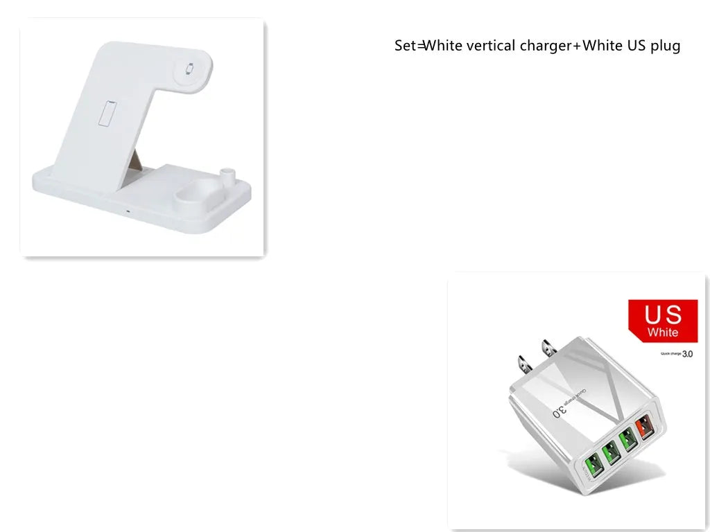 Black 4-in-1 wireless charging dock with phone on adjustable stand, Apple Watch and AirPods on charging modules