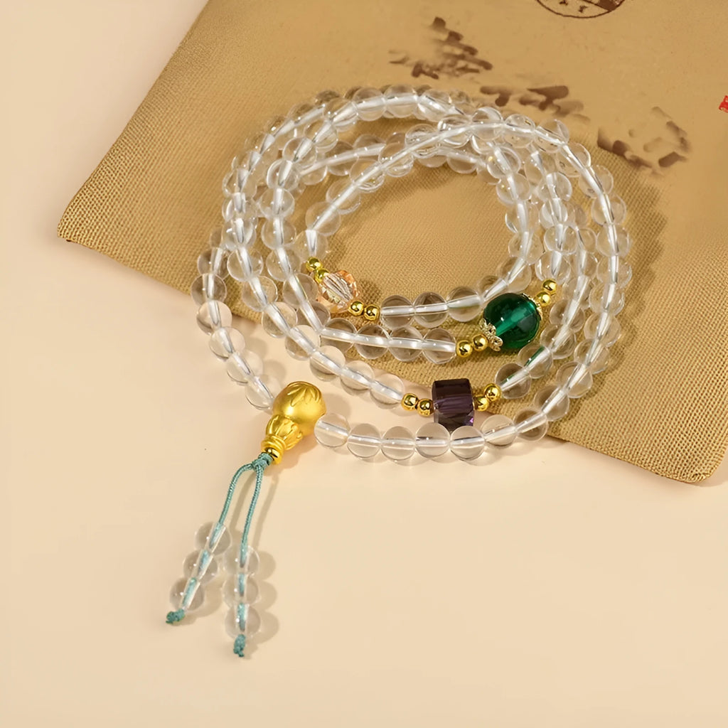 White crystal 108 bead rosary bracelet with geometric ethnic style design