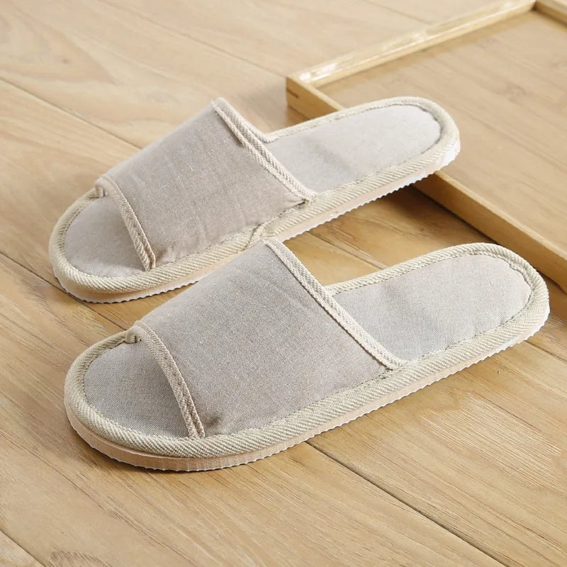 Couples indoor slippers solid colour anti-slip EVA sole open toe cloth cover beige