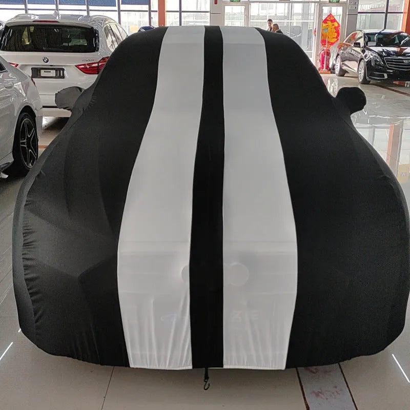 Elastic four-sided car seat cover for Ford Mustang in light grey colour, made from silk polyester fibre.