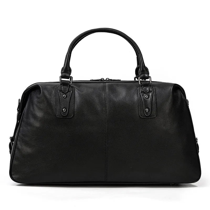 Retro genuine leather men's travel bag in black with large capacity, 50cm x 18cm x 28cm