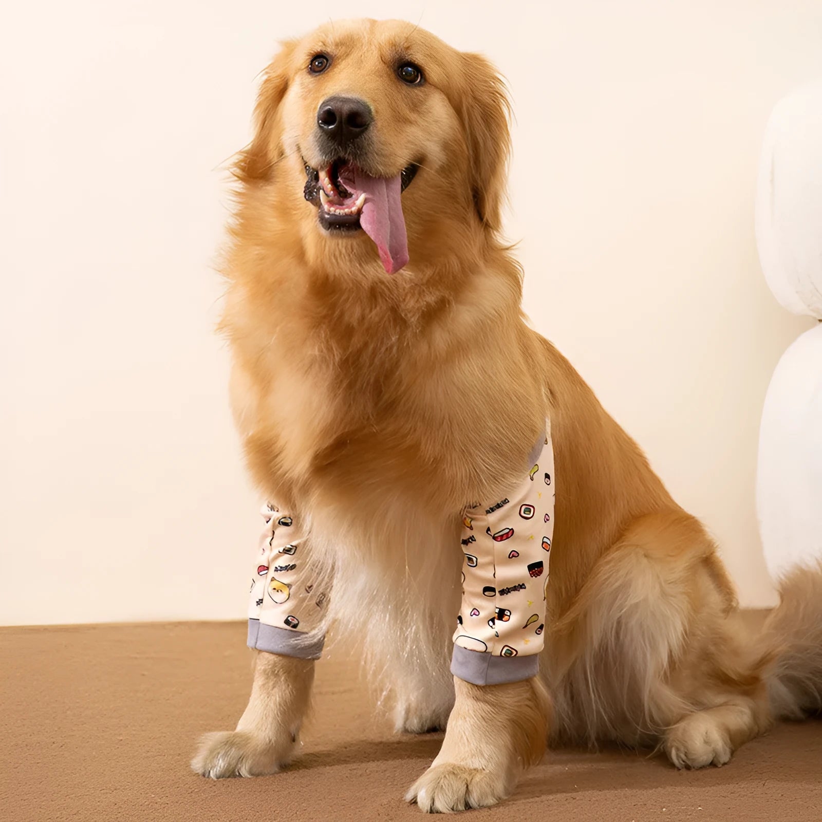 Adjustable dog knee protector sleeve with elbow padding and matching scarf in blue, grey or yellow colours