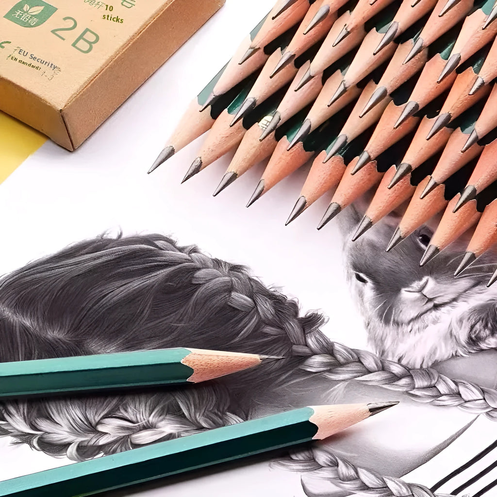 Green Rod box of ten wooden HB and 2B pencils with six-angle shape.