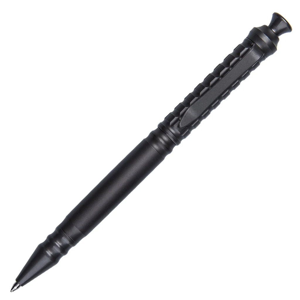 Gunmetal grey titanium alloy tactical pen with push-action decompression mechanism