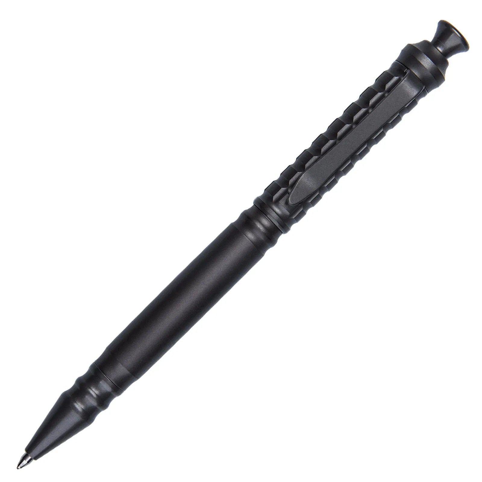 Gunmetal grey titanium alloy tactical pen with push-action decompression mechanism