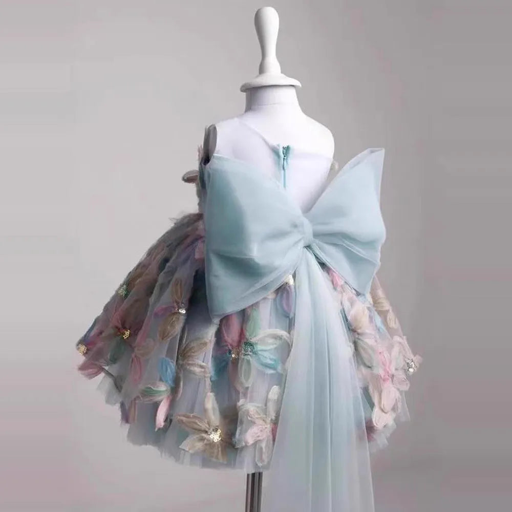 Children's light luxury princess dress with asymmetric shoulder in blue, for heights 80-130cm