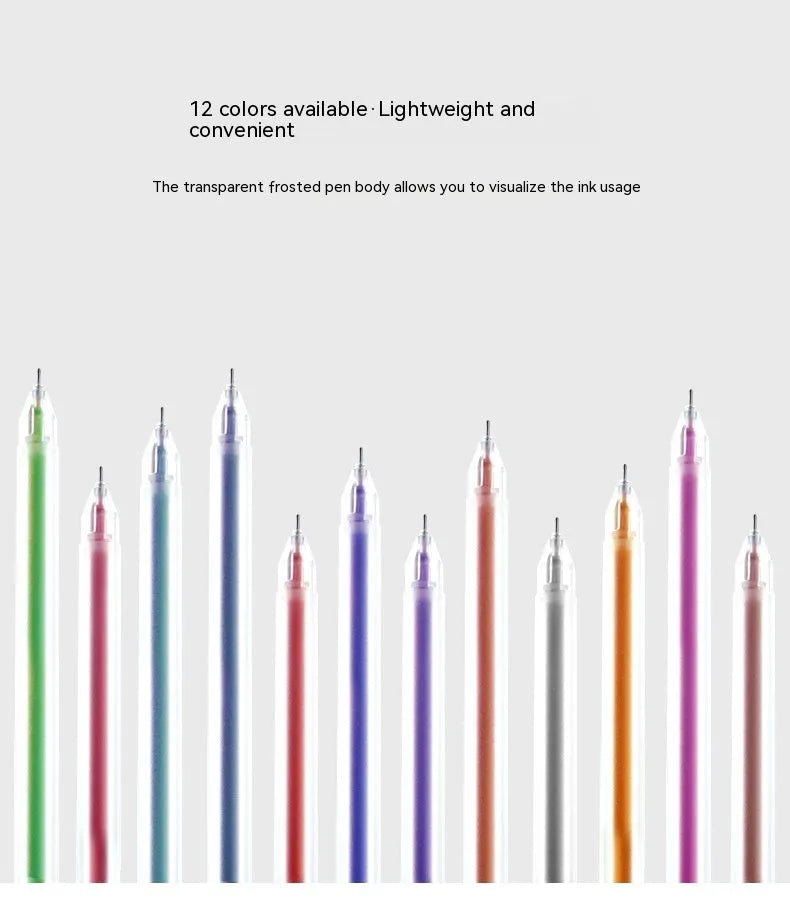 Set of 12 coloured gel pens with 0.5 mm tips in a box, plastic barrel stationery