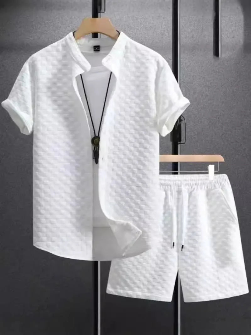 Mens jacquard short sleeve suit shirt and shorts set in solid colour with Asian sizing