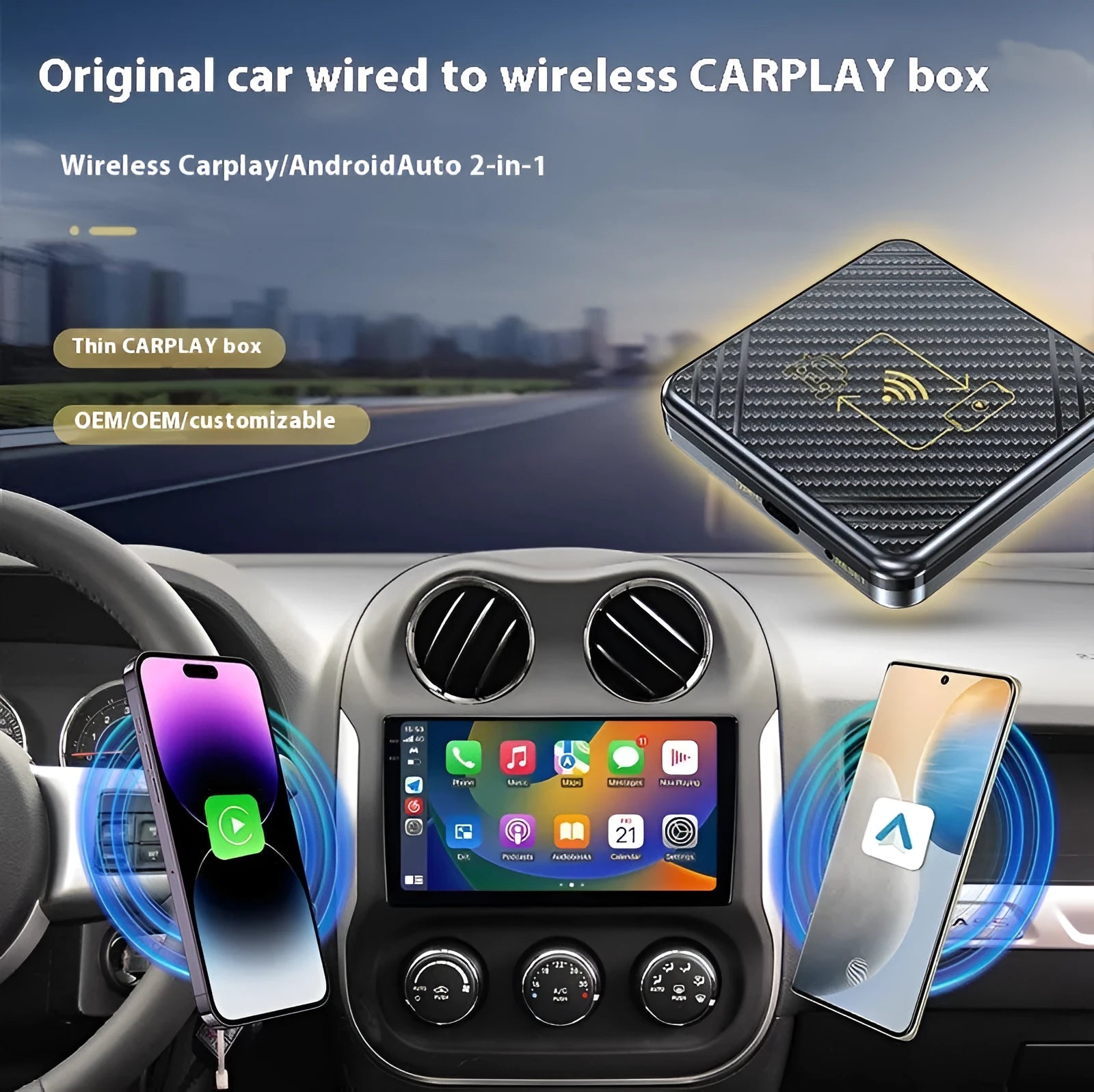 Wireless CarPlay and Android Auto adapter in ABS plastic housing with USB-A connector