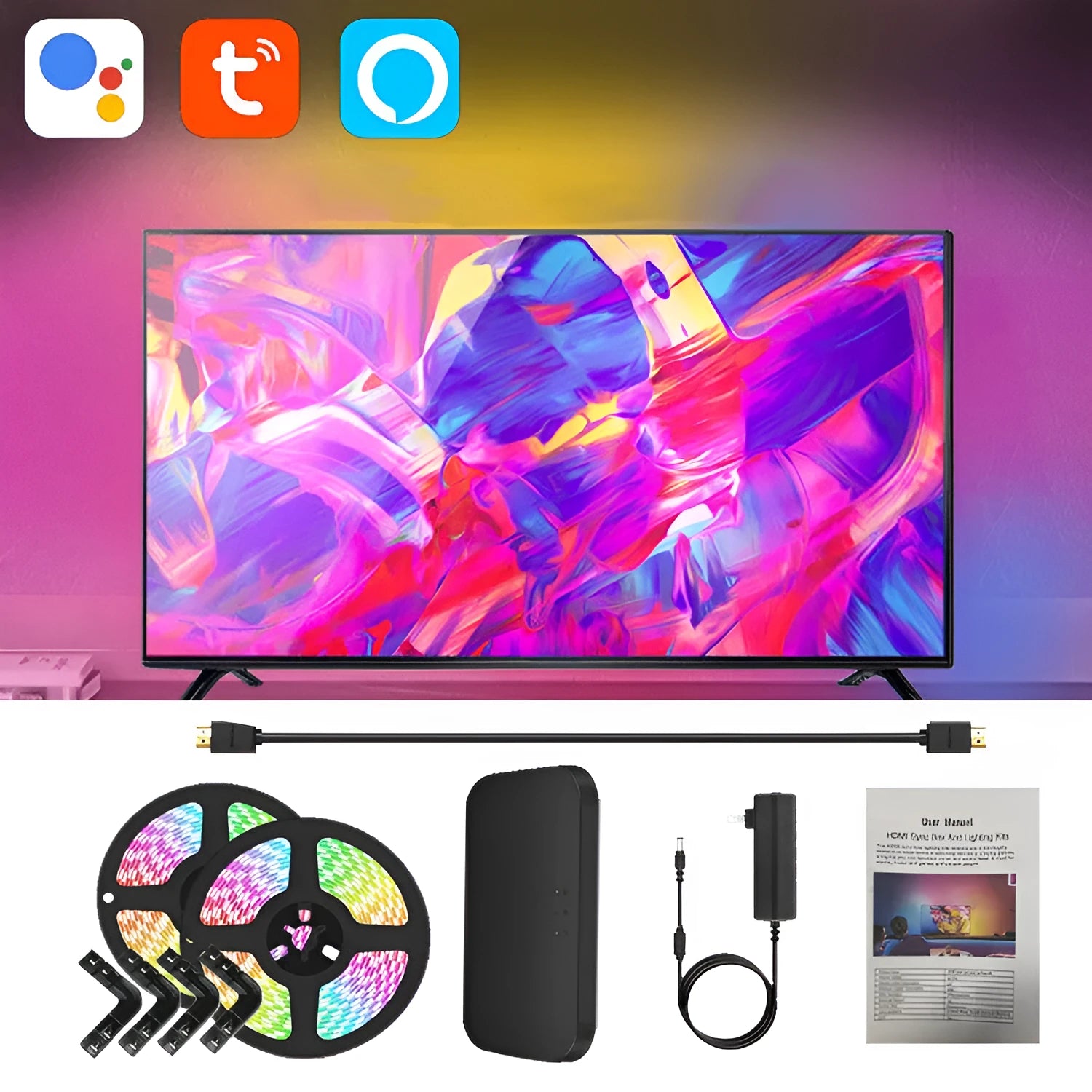 TV ambience light strip with colourful LED illumination positioned behind television for background lighting effects