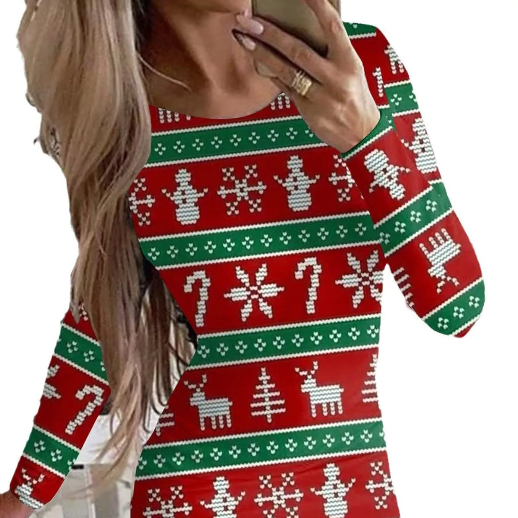 Red printed Christmas dress with animal pattern, round neck, long sleeves, and a tight-fitting hip skirt.