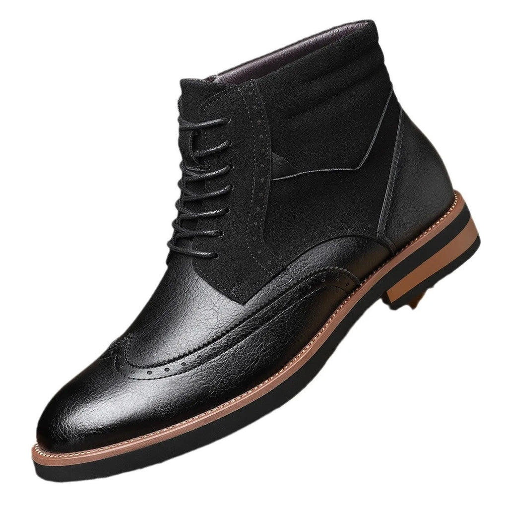 Men's retro Martin boots with carved leather patchwork, block heel, pointed toe, in brown colour