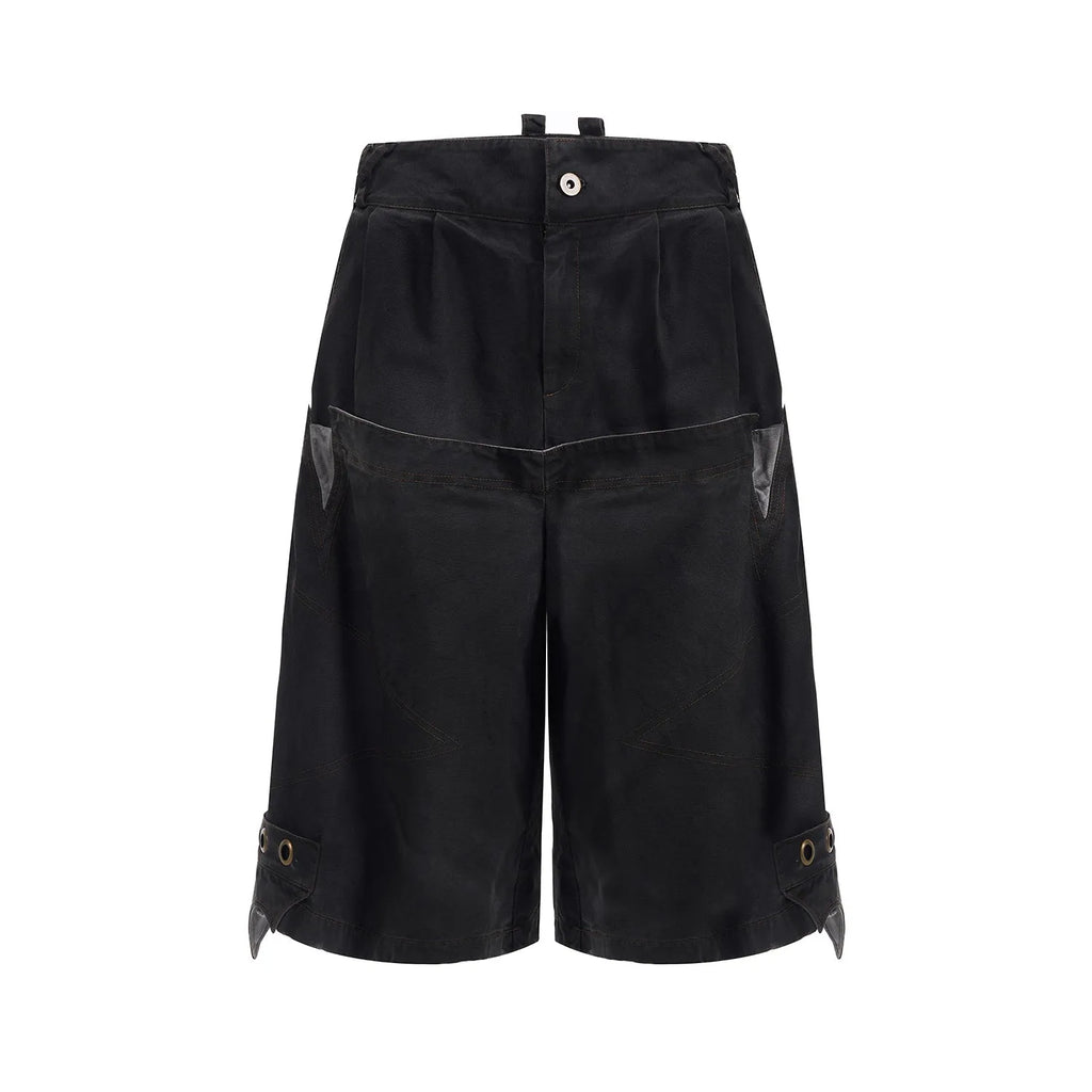 Men's black double waist loose cropped trousers with stitching detail and elastic waistband
