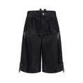 Men's black double waist loose cropped trousers with stitching detail and elastic waistband
