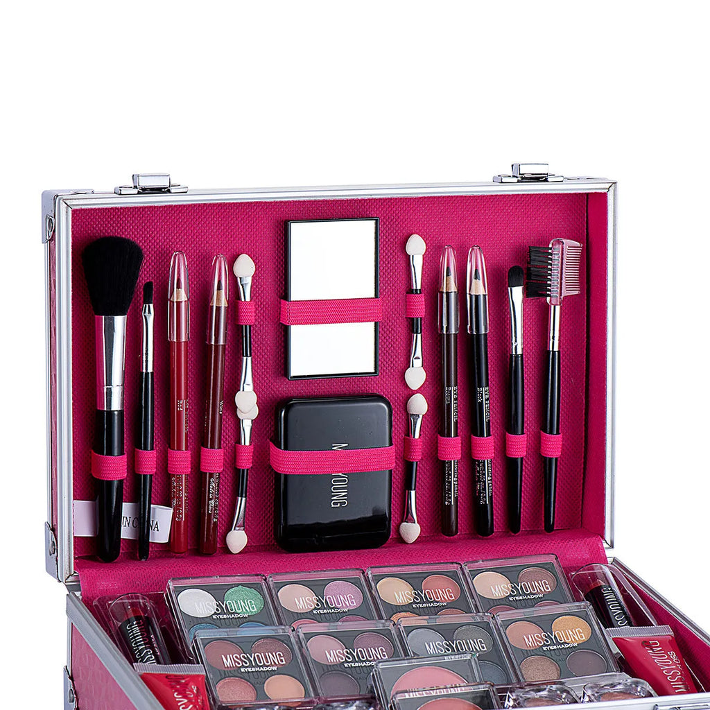 Creative colourful cosmetics set in Pink or Silver, 25 x 16 x 8.5 cm, with lipstick, eye shadow, mascara and brush
