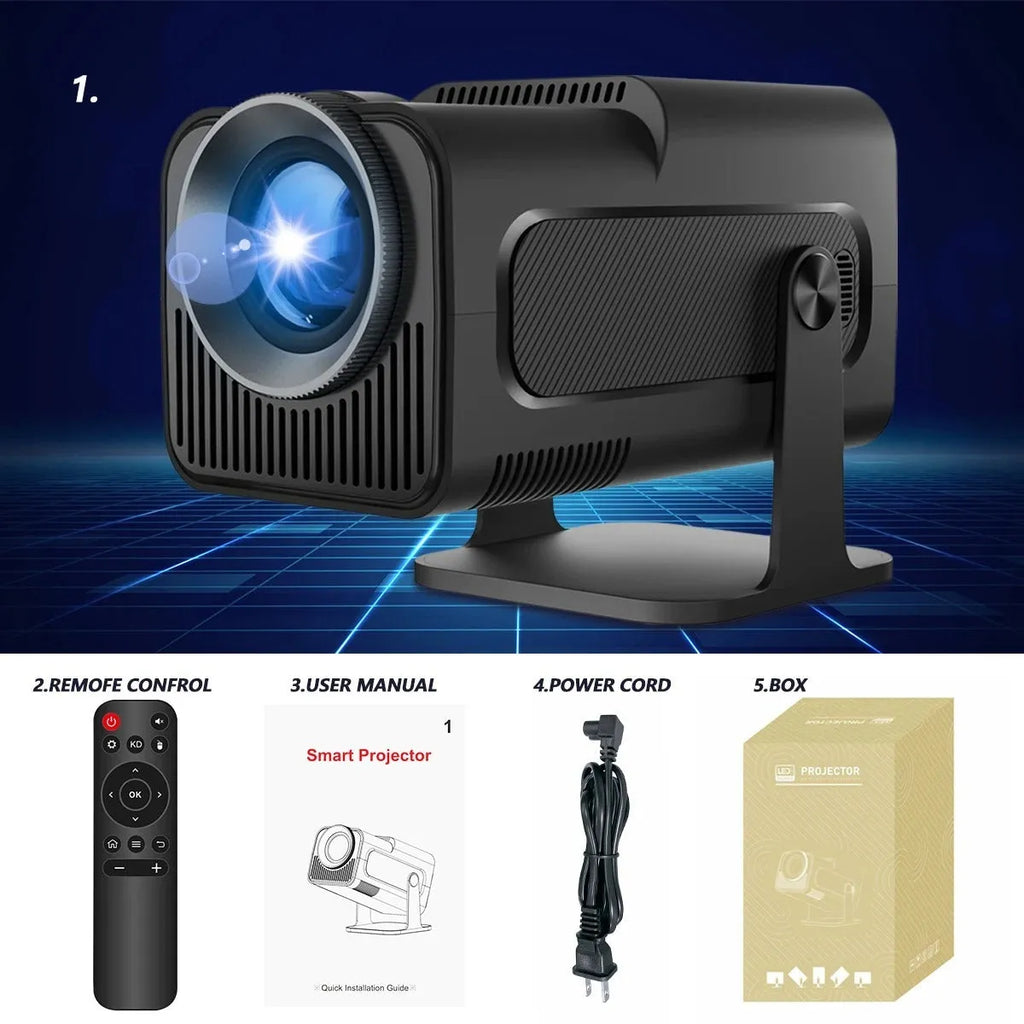 Small 1080p projector with 390 ANSI lumens, Android version, WiFi and 5G connectivity, shown with remote control and power cord.