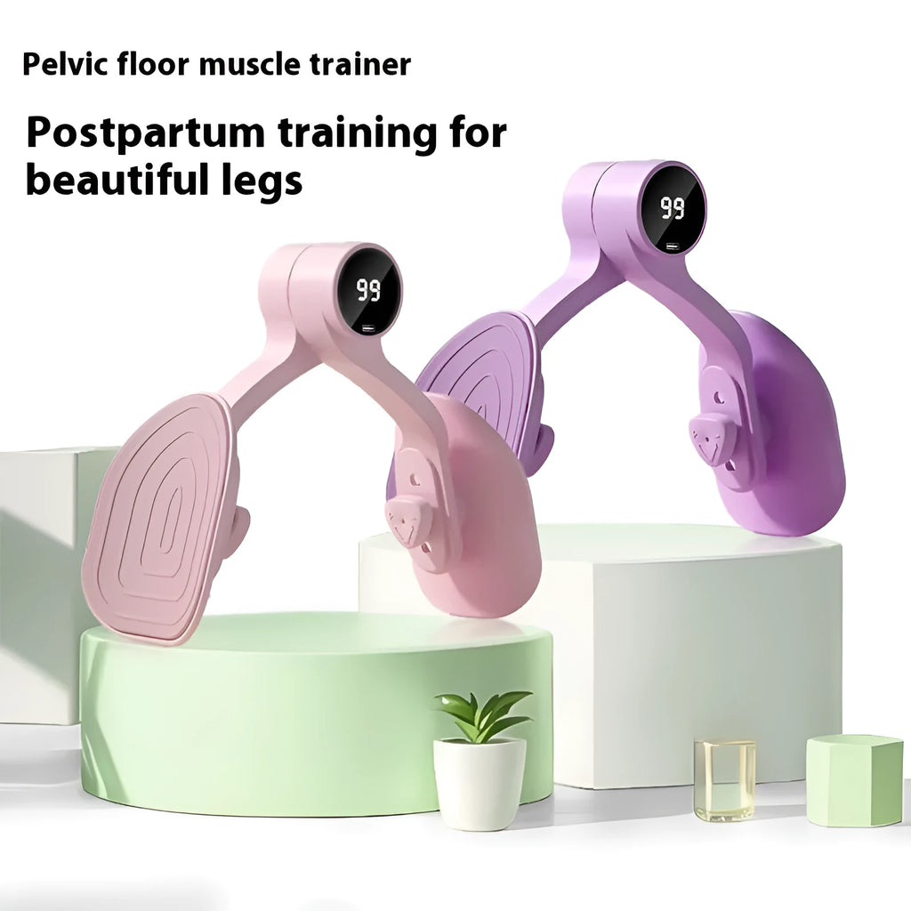Pink pelvic floor muscle trainer with rubber-coated exterior and 3-gear resistance settings for postpartum exercise