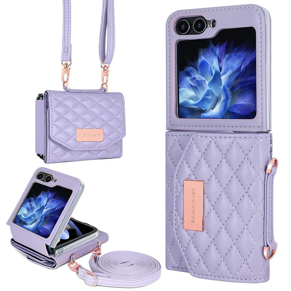 Fashion PU phone cover with lanyard and card slot for Samsung Z Flip in purple
