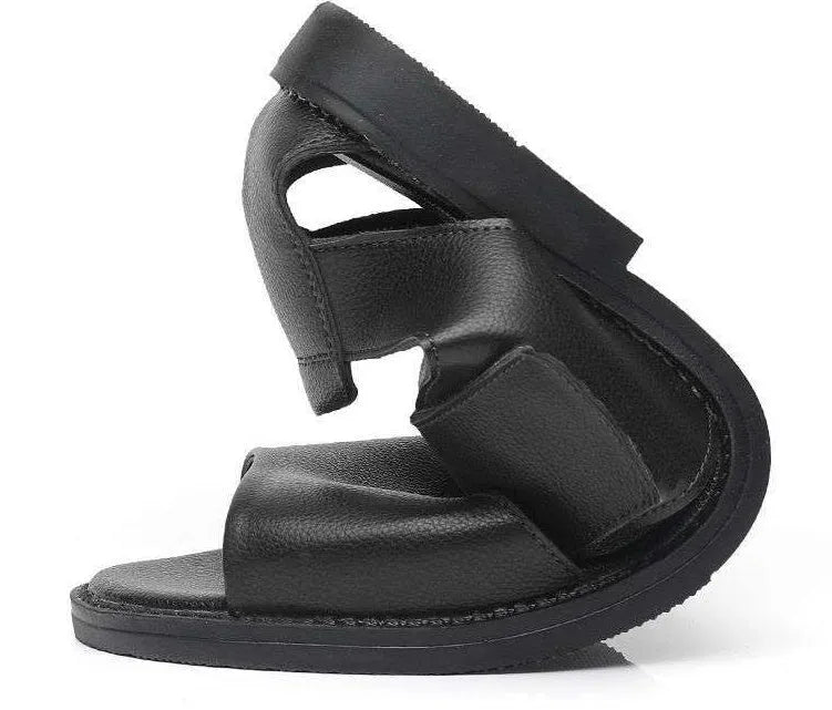 Men's black and brown leather open-toe sandals with a rubber sole on a neutral background.