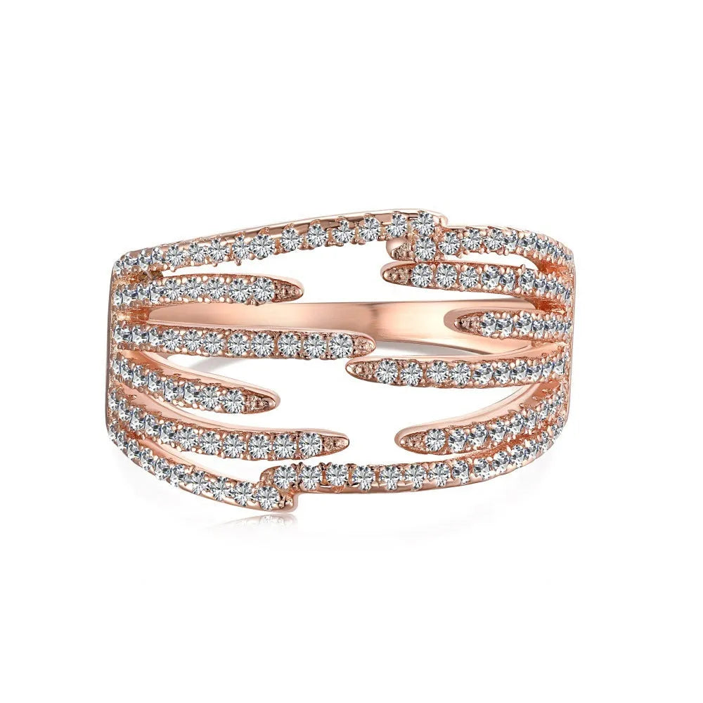 S925 sterling silver women's ring with multi-layer irregular line design and diamond accent in silver or rose gold
