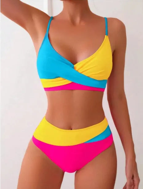 Colour contrast two-piece bikini set with top and briefs, available in yellow, blue, and red, sizes S to XL, polyester lining.