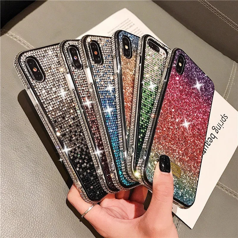Gradient edge drill phone case for Apple iPhone with rhinestone accents and TPU PC construction