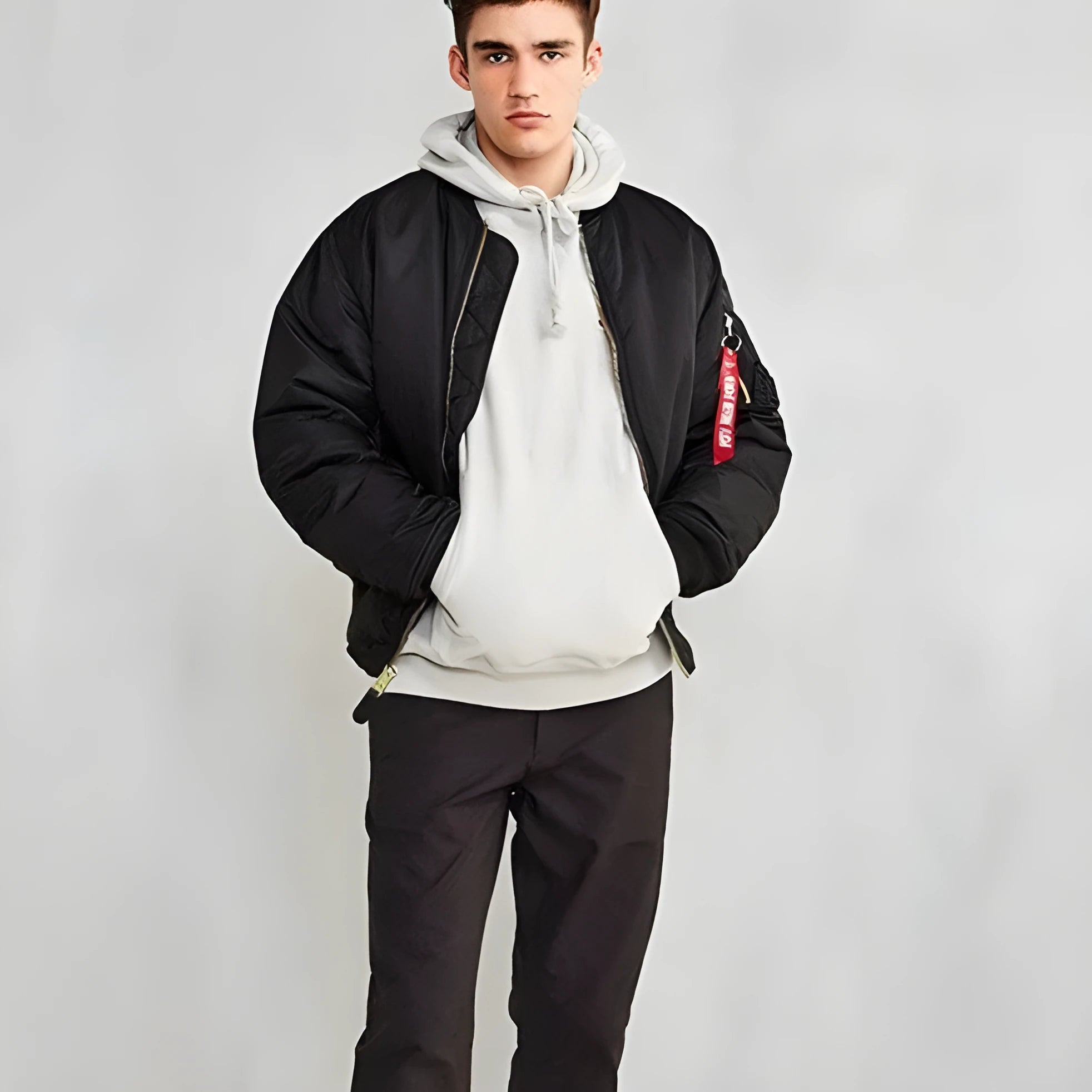 Men's loose fit cotton-padded pilot jacket in army green nylon fabric