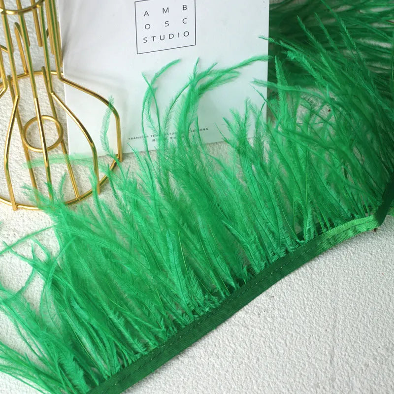 Decorative feather cloth strip in multiple colours including white, black, and mint green for DIY clothing and craft projects
