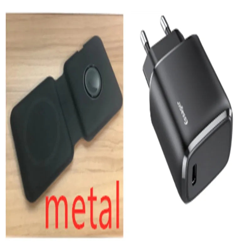 White folding magnetic wireless charging dock in stand mode with phone and earbuds case charging