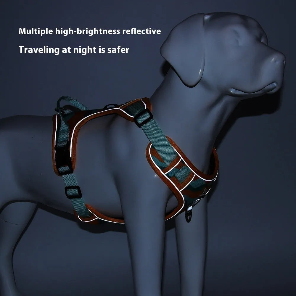 Reflective dog harness and lead in oxford cloth, showing chest and back attachment points and hand-holding rope.