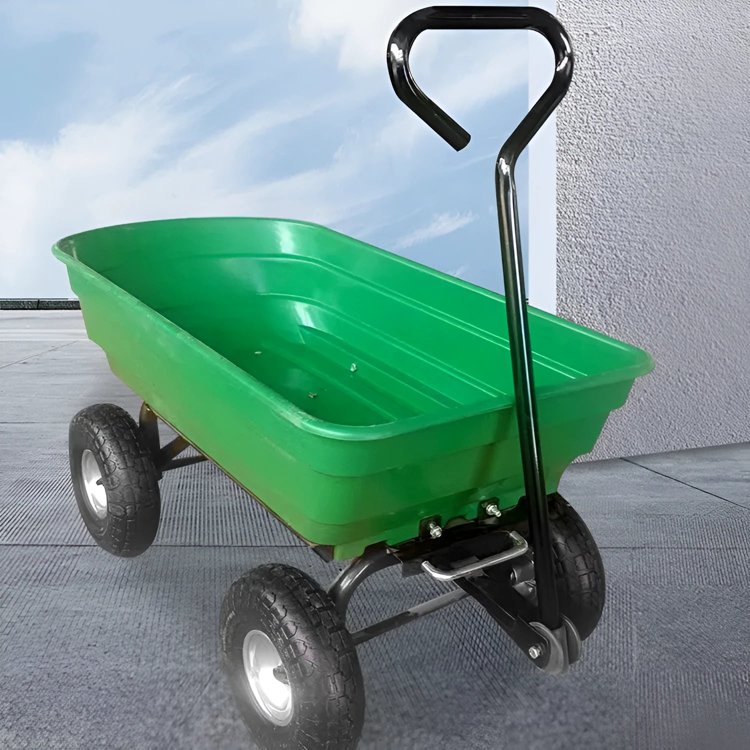 Green four-wheel plastic dump truck with a Steel PP body, model TC2145, for agricultural use.